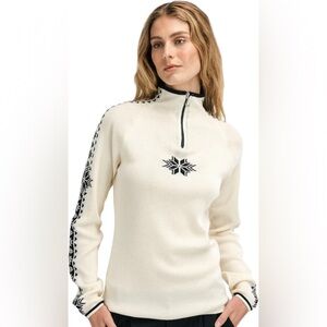 Dale of Norway Cream Half-Zip Cowl Sweater with Navy Snowflake : dried!
